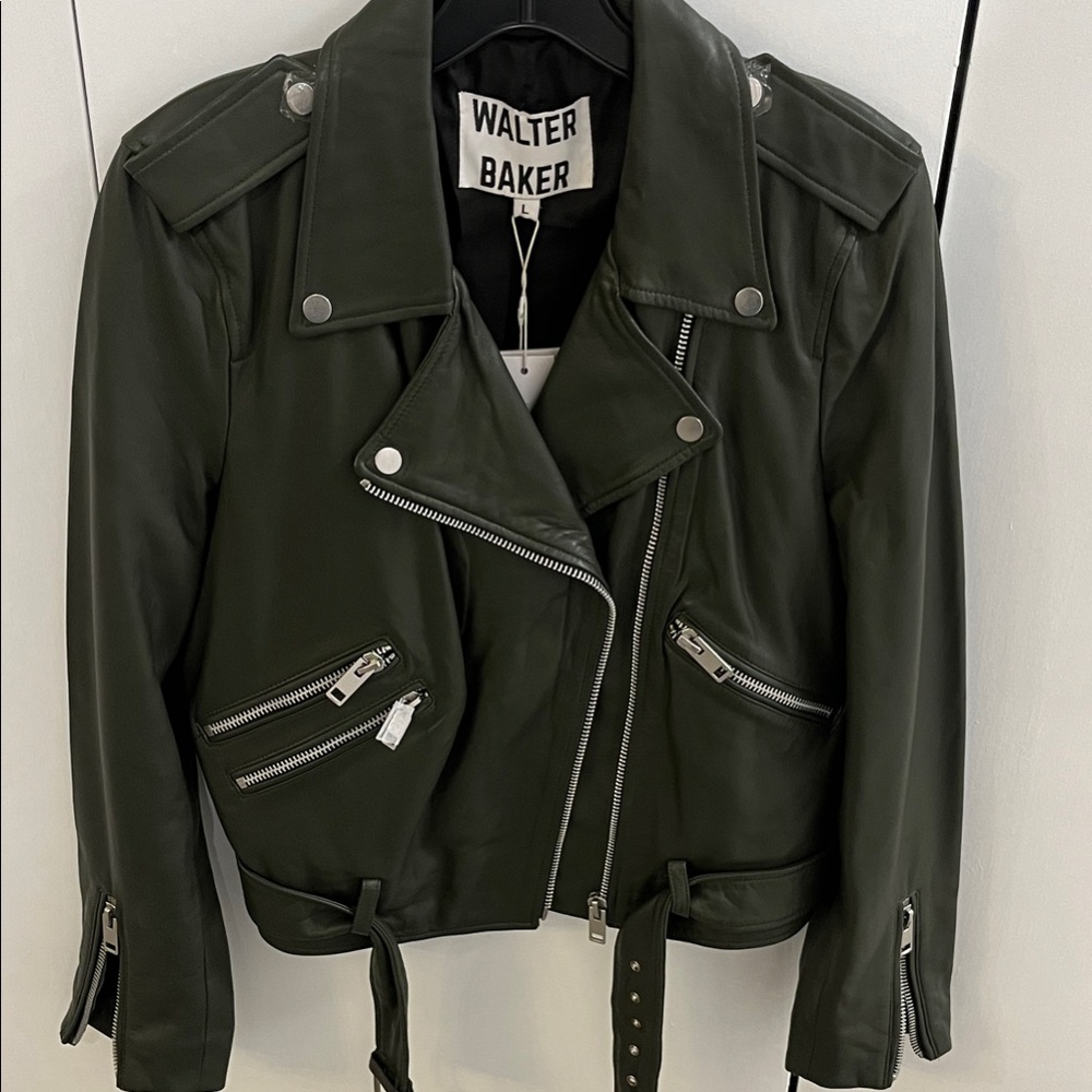 NWT Walter Baker Dark Olive Green (“Basil”) Leather Jacket with Silver Details